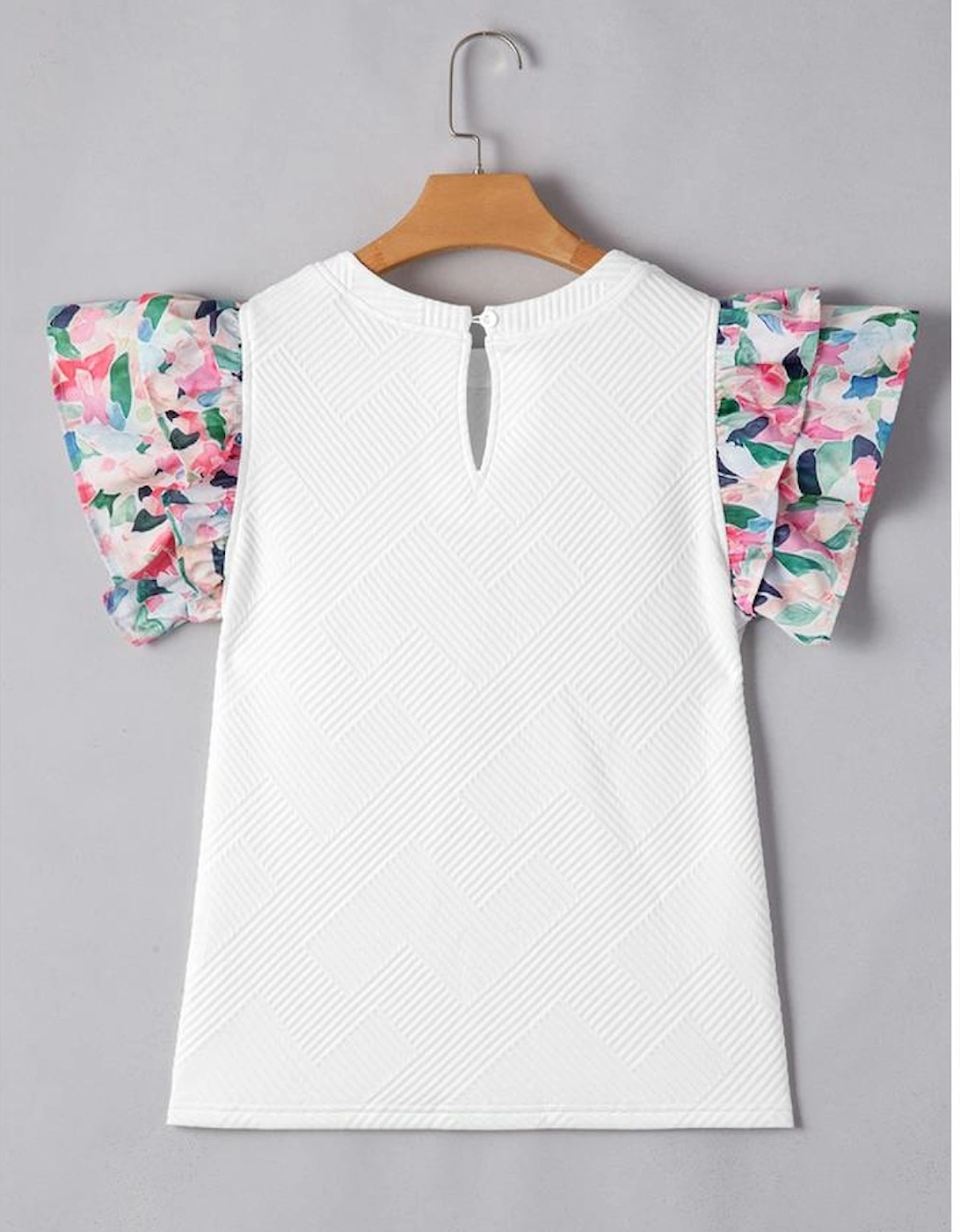 White Abstract Print Tiered Ruffled Sleeve Textured Knit Top