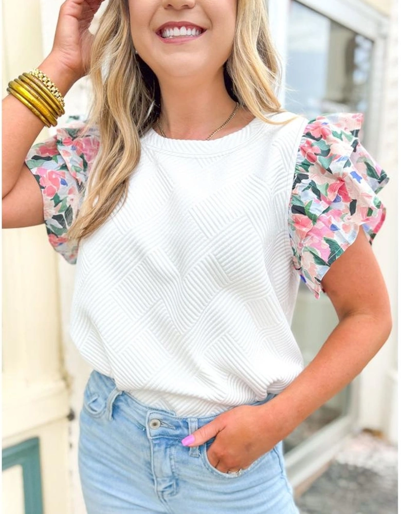 White Abstract Print Tiered Ruffled Sleeve Textured Knit Top