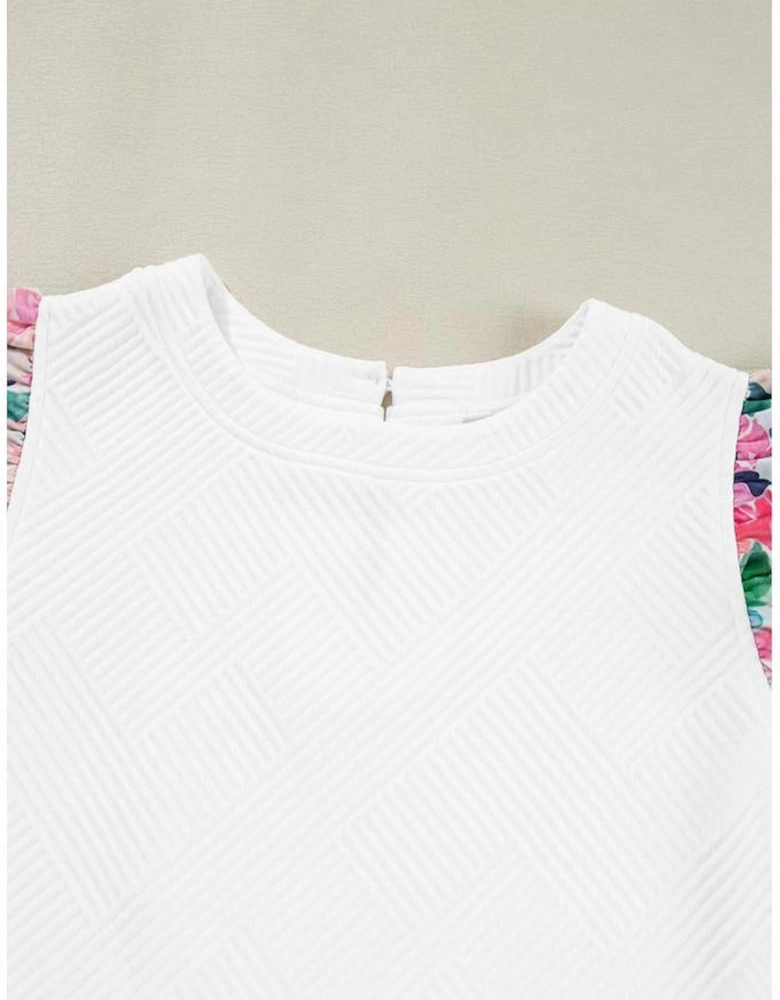 White Abstract Print Tiered Ruffled Sleeve Textured Knit Top