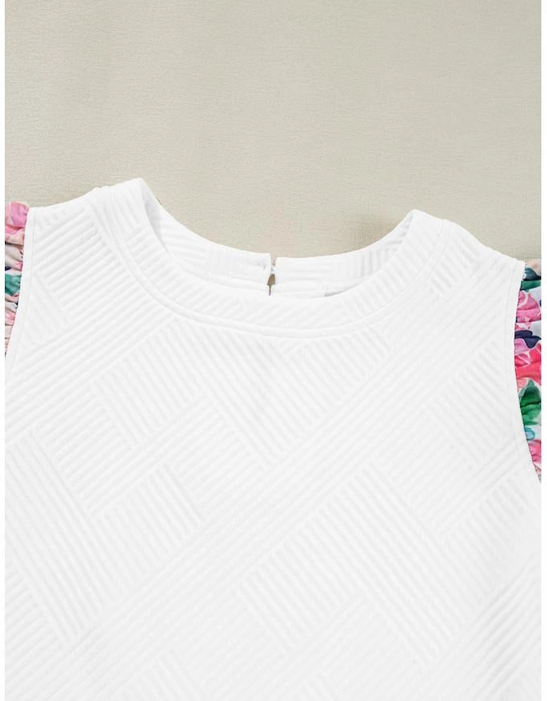 White Abstract Print Tiered Ruffled Sleeve Textured Knit Top