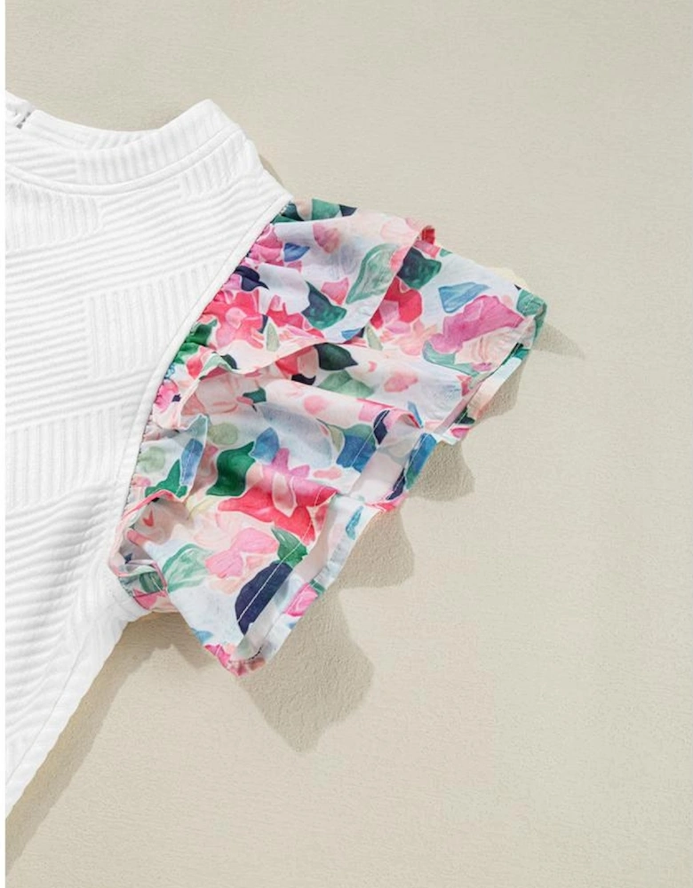 White Abstract Print Tiered Ruffled Sleeve Textured Knit Top