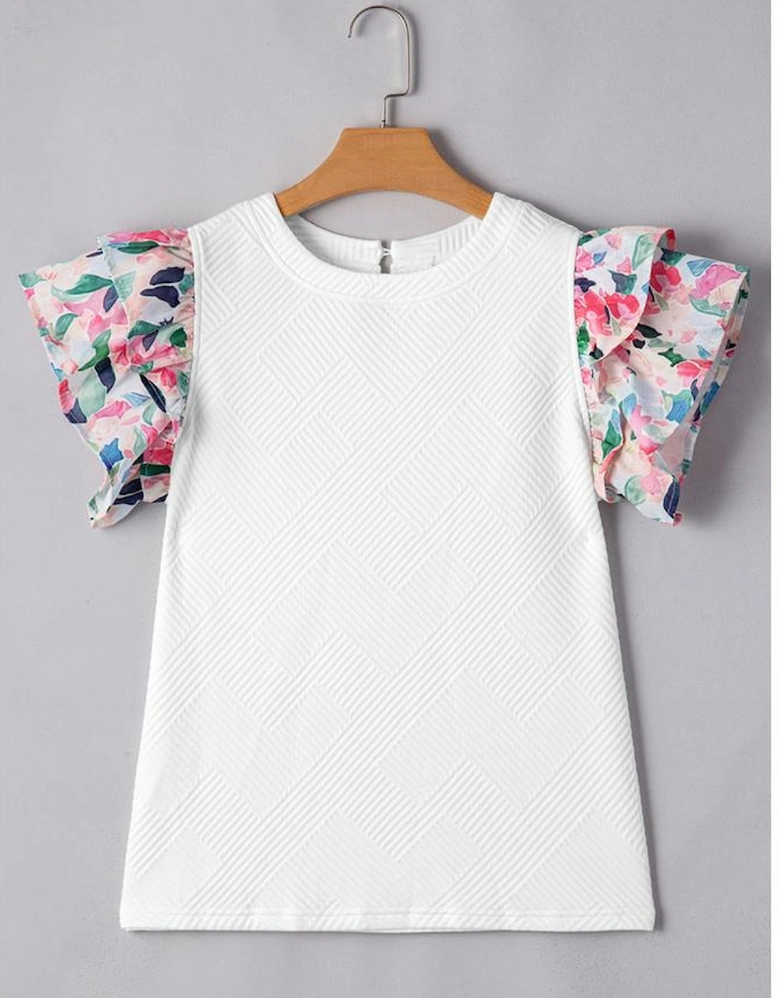 White Abstract Print Tiered Ruffled Sleeve Textured Knit Top