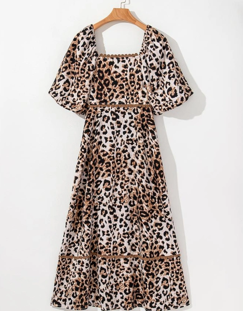 Brown Leopard Print Bubble Sleeve Square Neck Maxi Dress