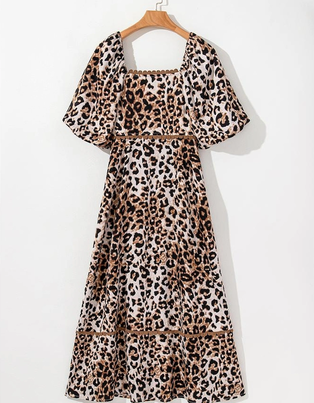 Brown Leopard Print Bubble Sleeve Square Neck Maxi Dress