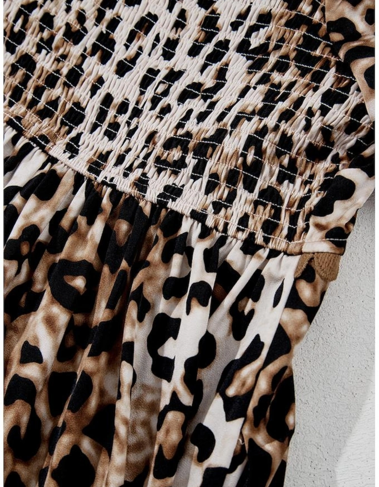 Brown Leopard Print Bubble Sleeve Square Neck Maxi Dress