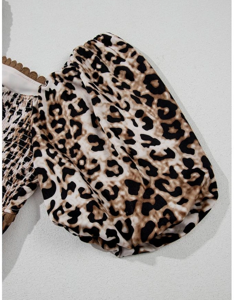 Brown Leopard Print Bubble Sleeve Square Neck Maxi Dress
