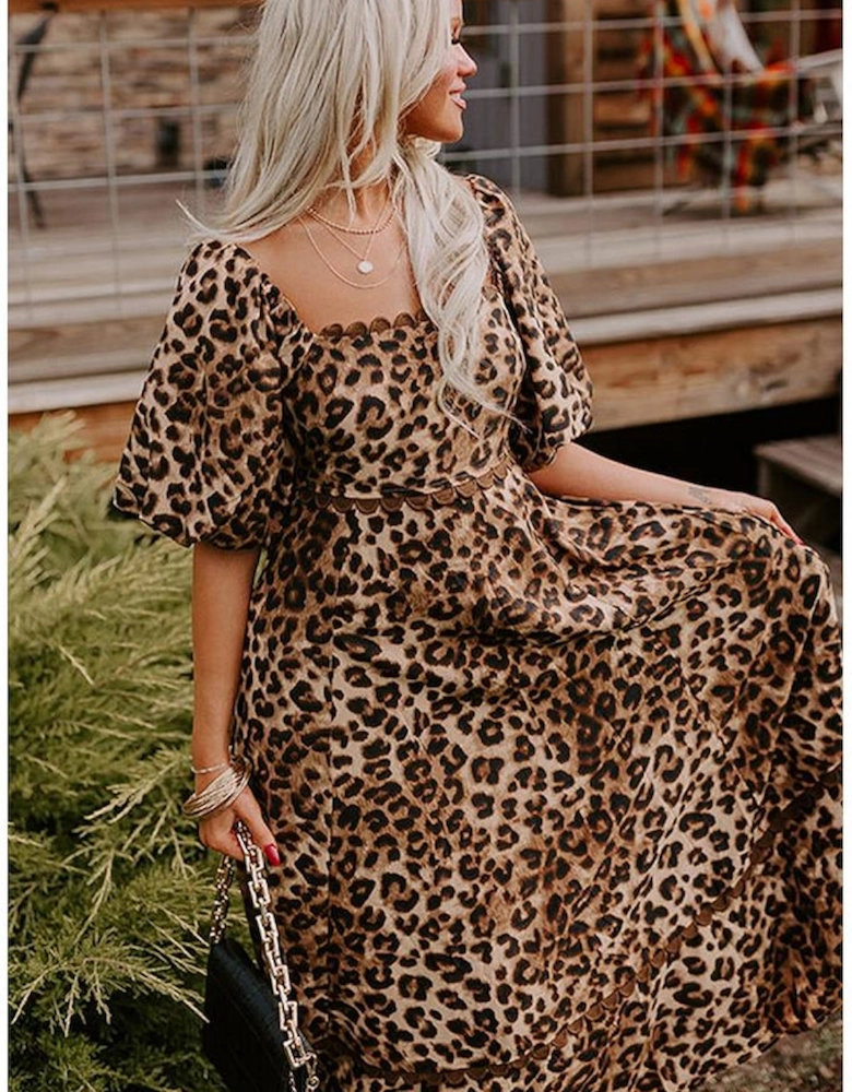 Brown Leopard Print Bubble Sleeve Square Neck Maxi Dress