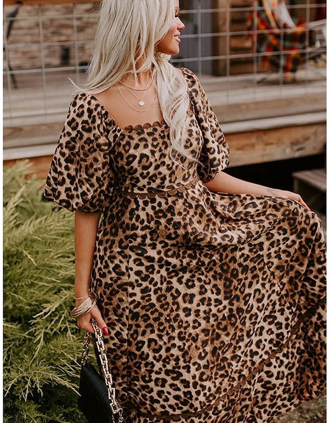 Brown Leopard Print Bubble Sleeve Square Neck Maxi Dress