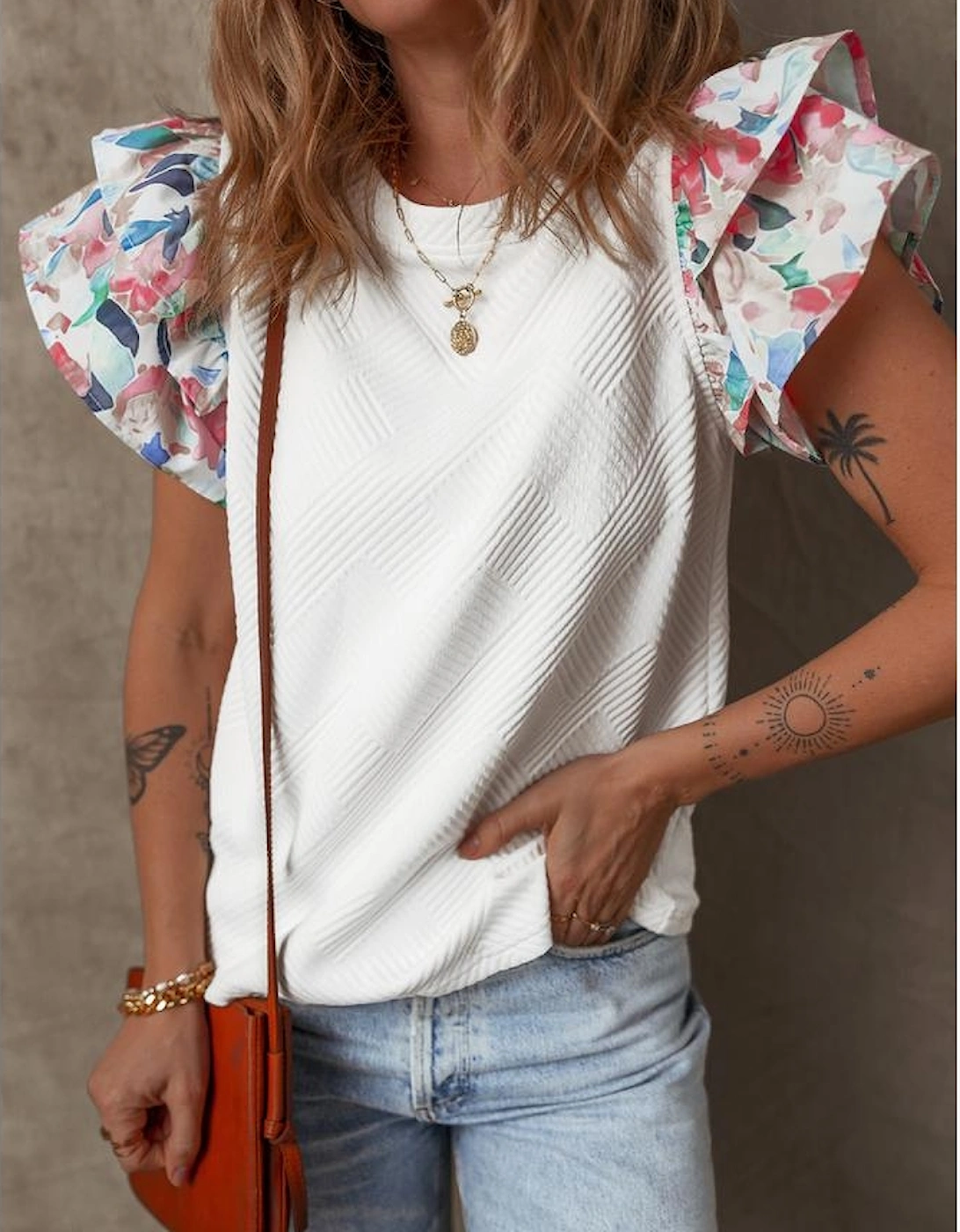 White Abstract Print Tiered Ruffled Sleeve Textured Knit Top