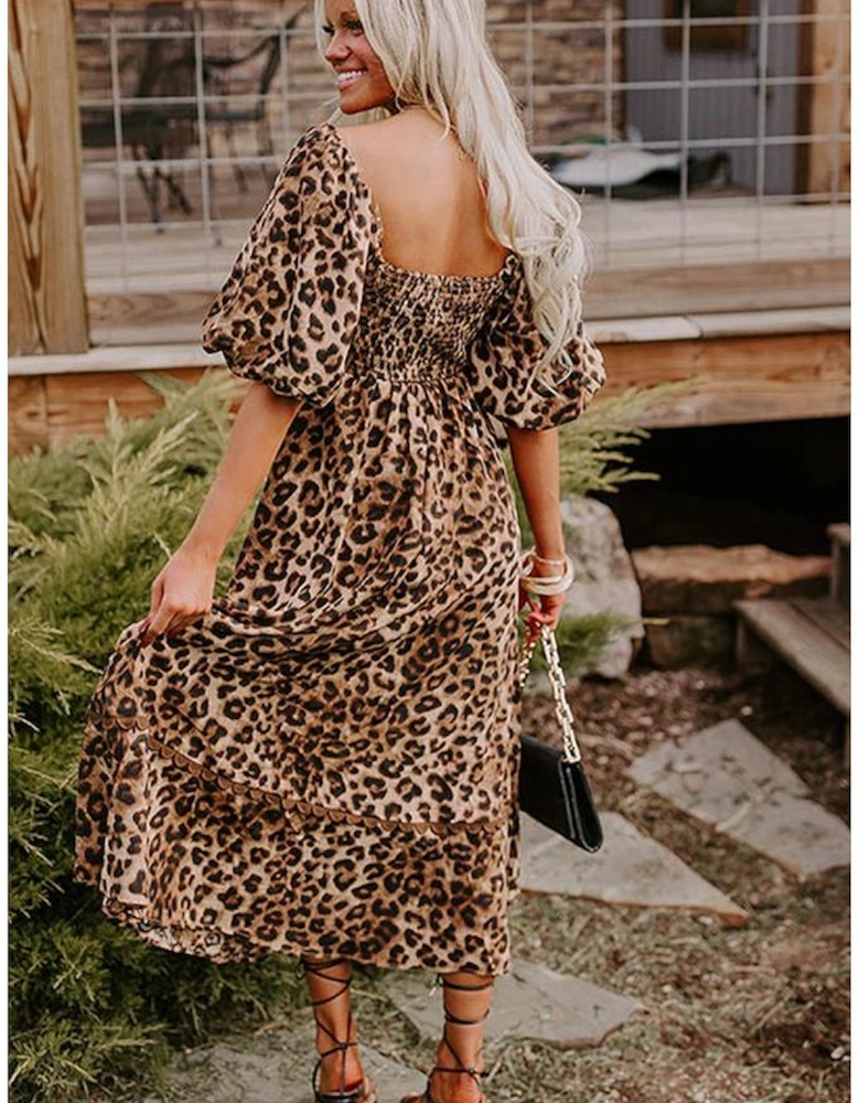 Brown Leopard Print Bubble Sleeve Square Neck Maxi Dress
