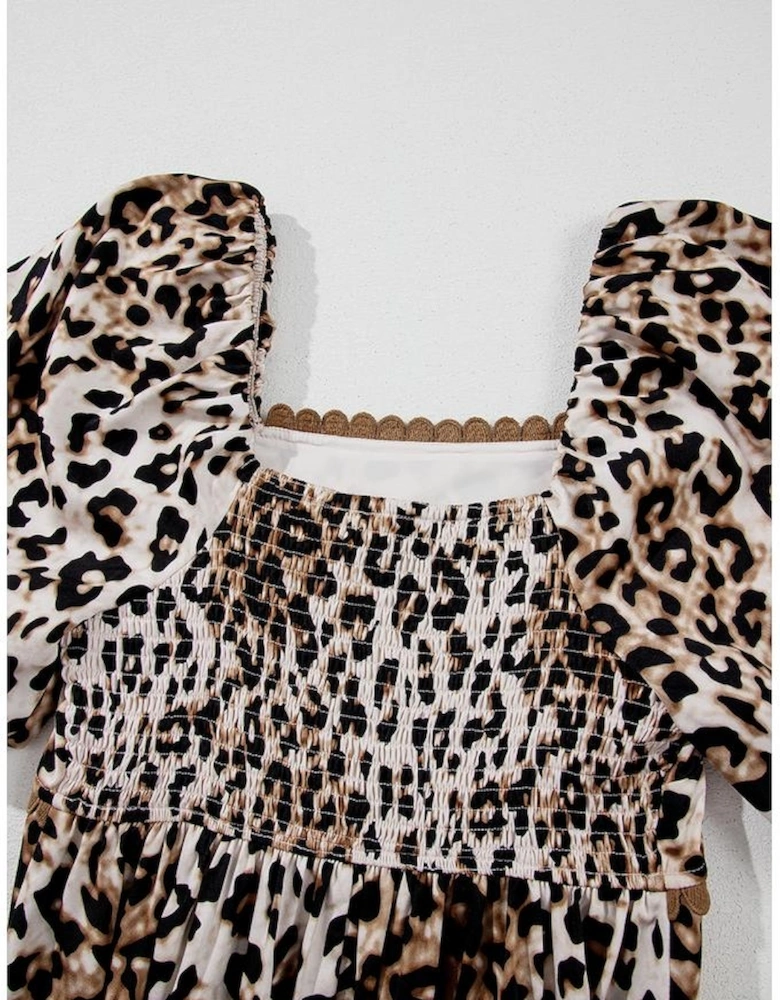 Brown Leopard Print Bubble Sleeve Square Neck Maxi Dress