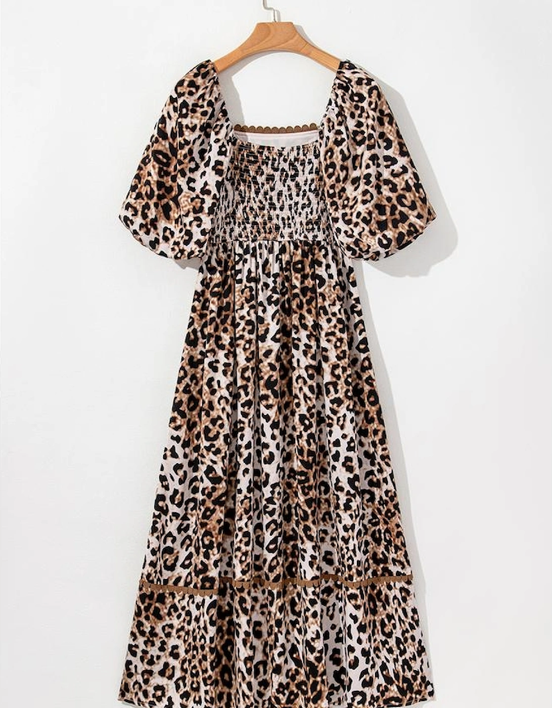 Brown Leopard Print Bubble Sleeve Square Neck Maxi Dress