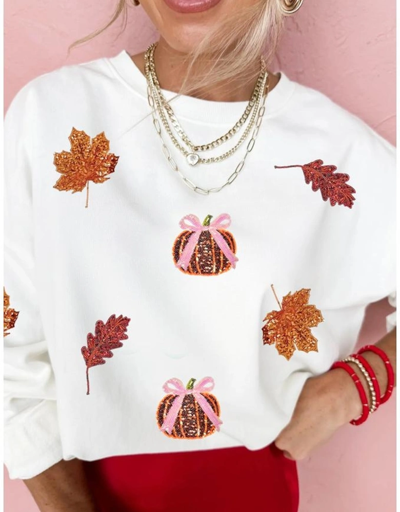 White Fall Leaf Bow Pumpkin Sequin Patched Baggy Sweatshirt