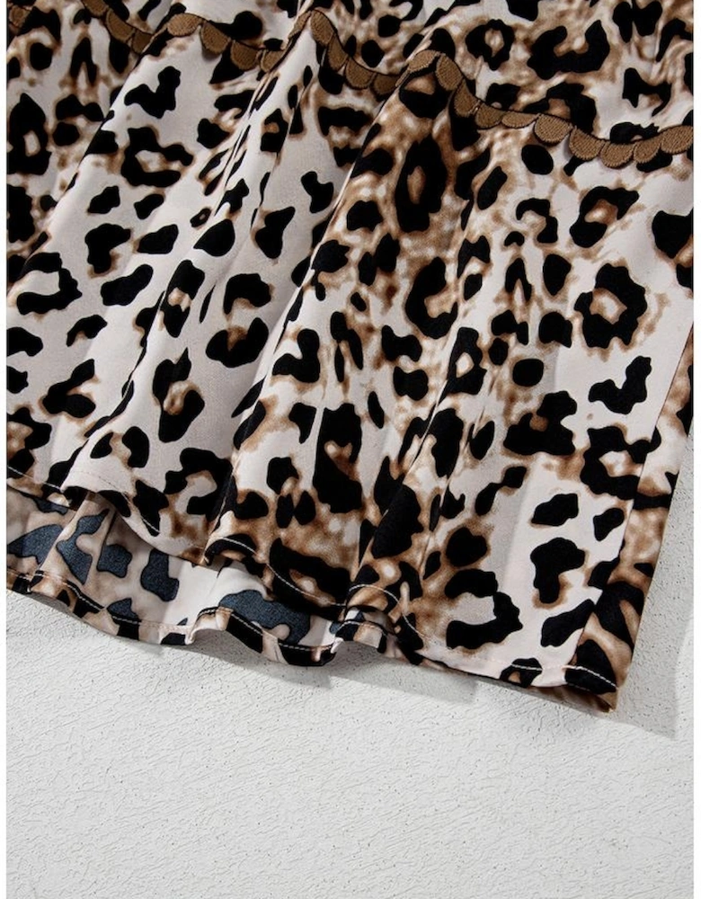 Brown Leopard Print Bubble Sleeve Square Neck Maxi Dress