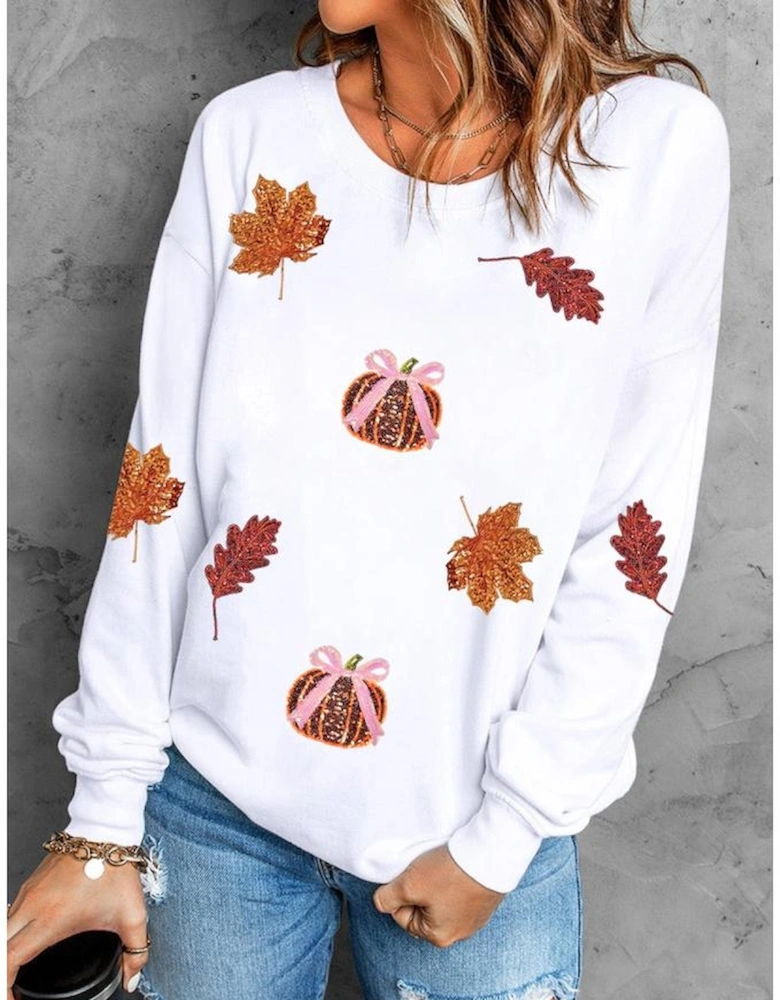 White Fall Leaf Bow Pumpkin Sequin Patched Baggy Sweatshirt