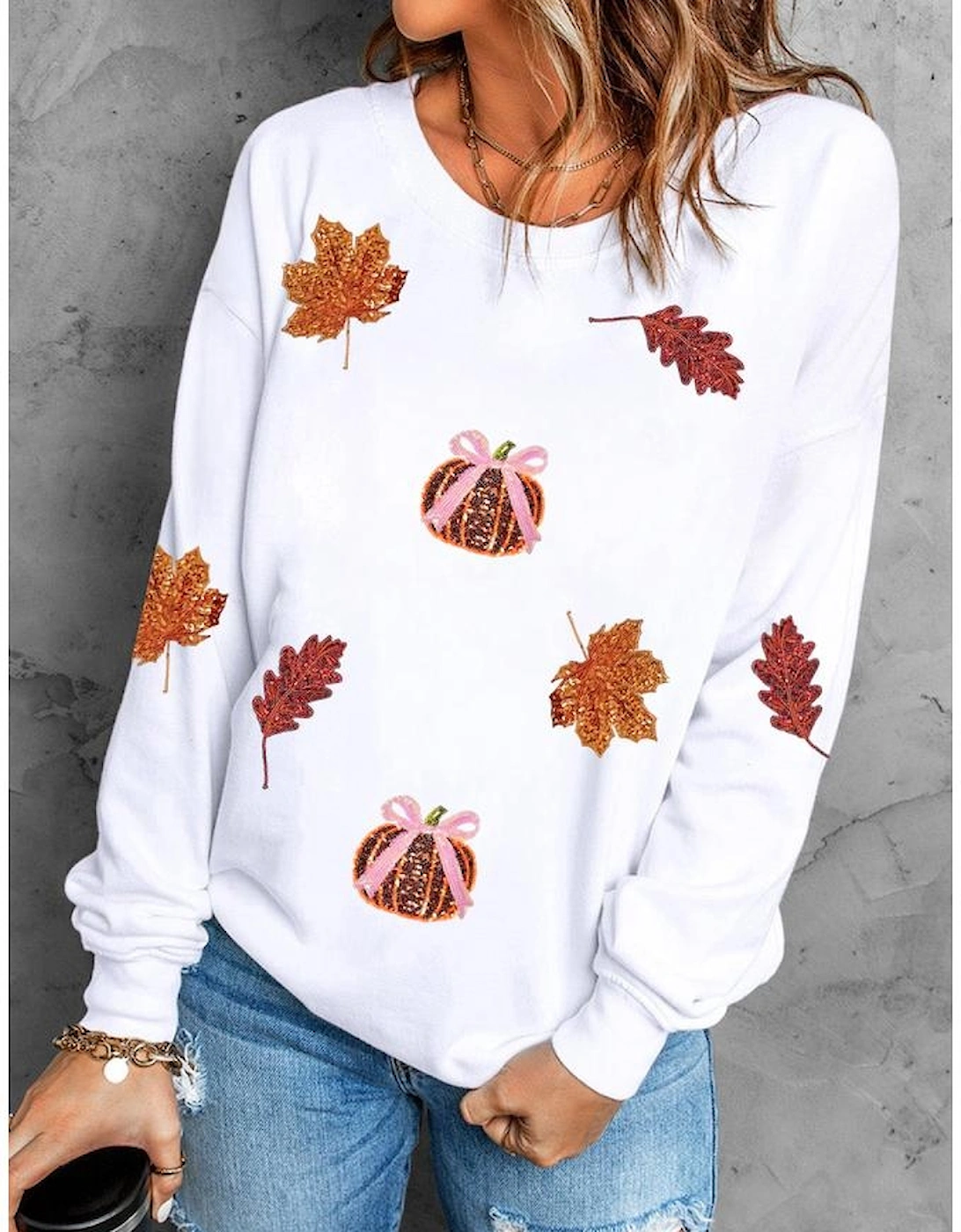 White Fall Leaf Bow Pumpkin Sequin Patched Baggy Sweatshirt