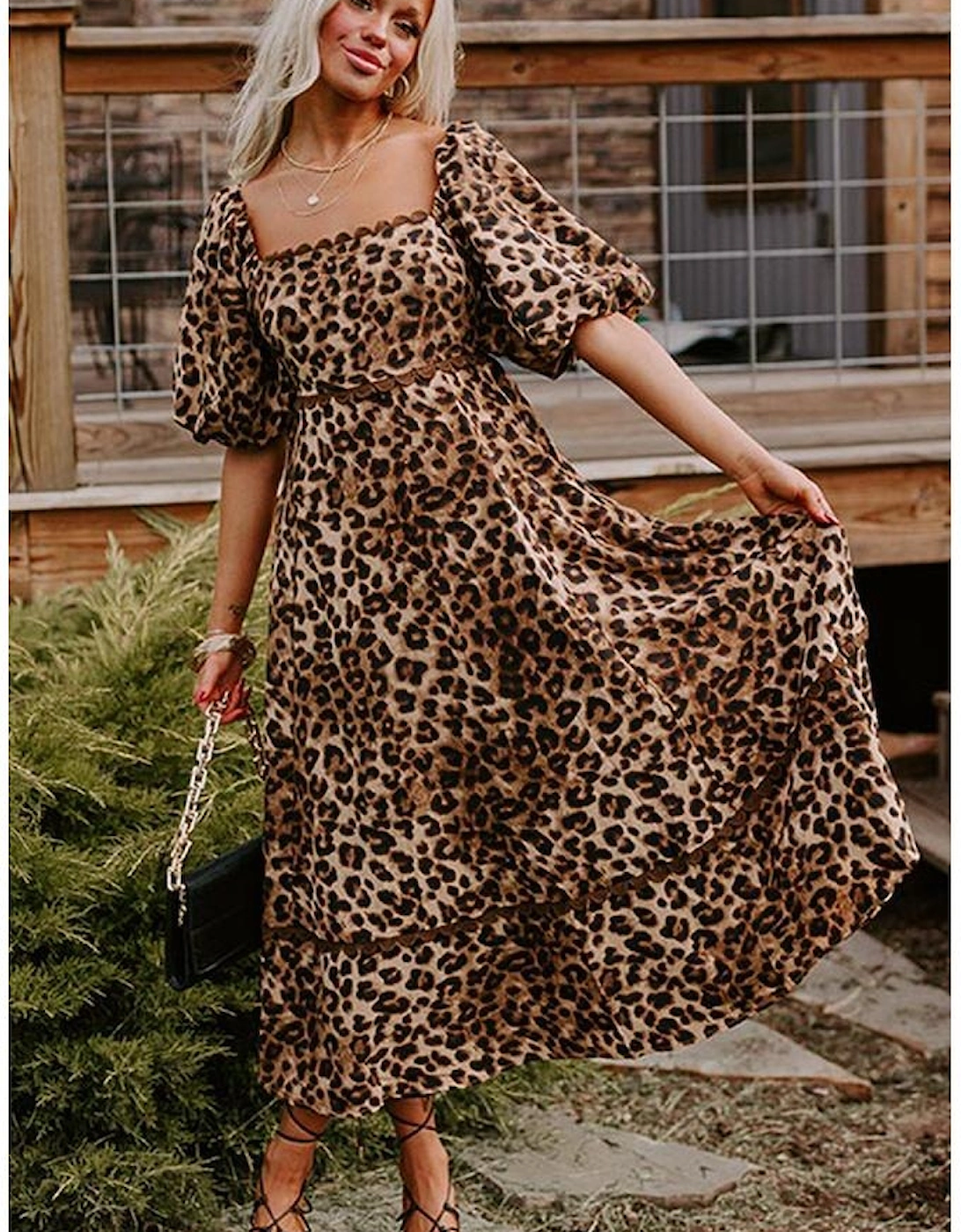 Brown Leopard Print Bubble Sleeve Square Neck Maxi Dress
