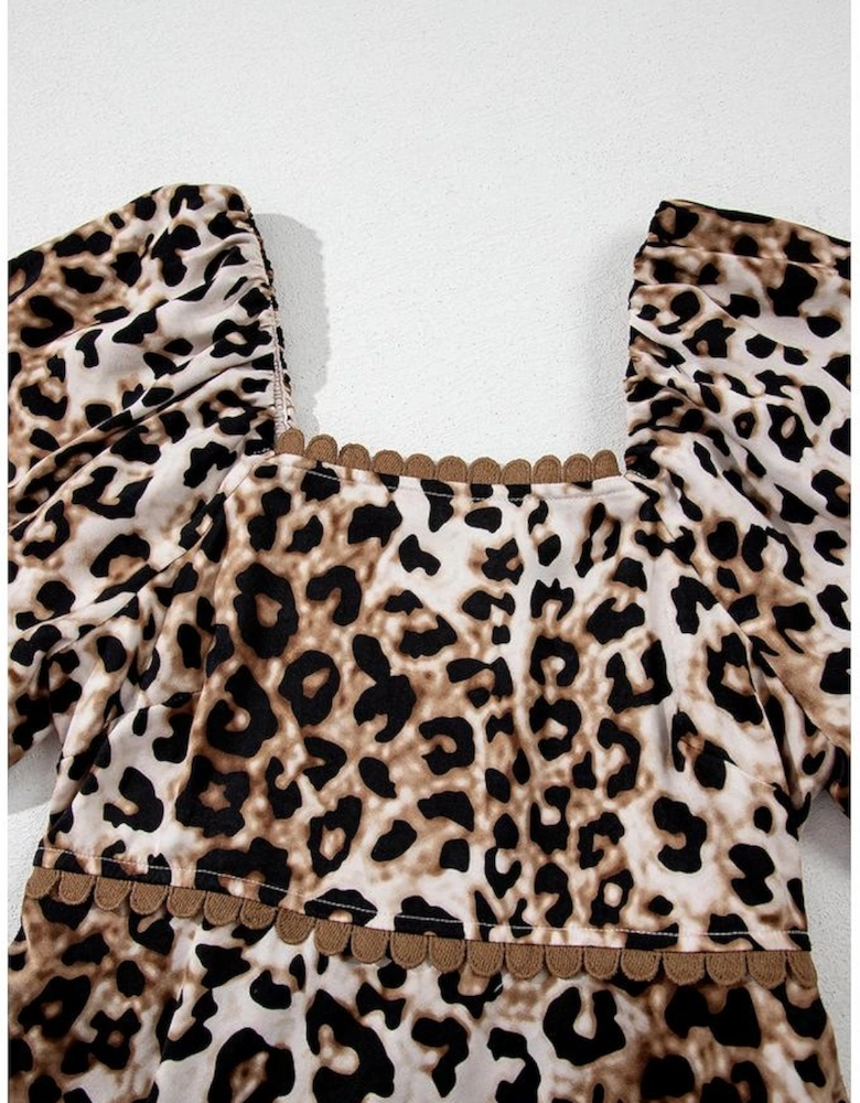 Brown Leopard Print Bubble Sleeve Square Neck Maxi Dress
