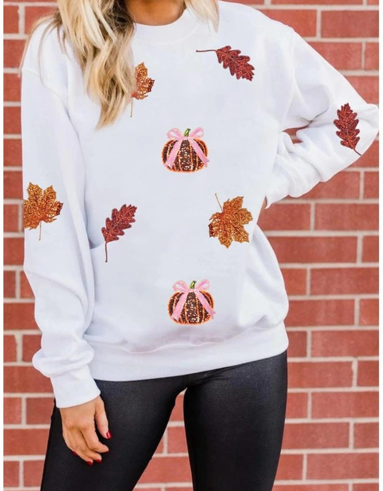 White Fall Leaf Bow Pumpkin Sequin Patched Baggy Sweatshirt