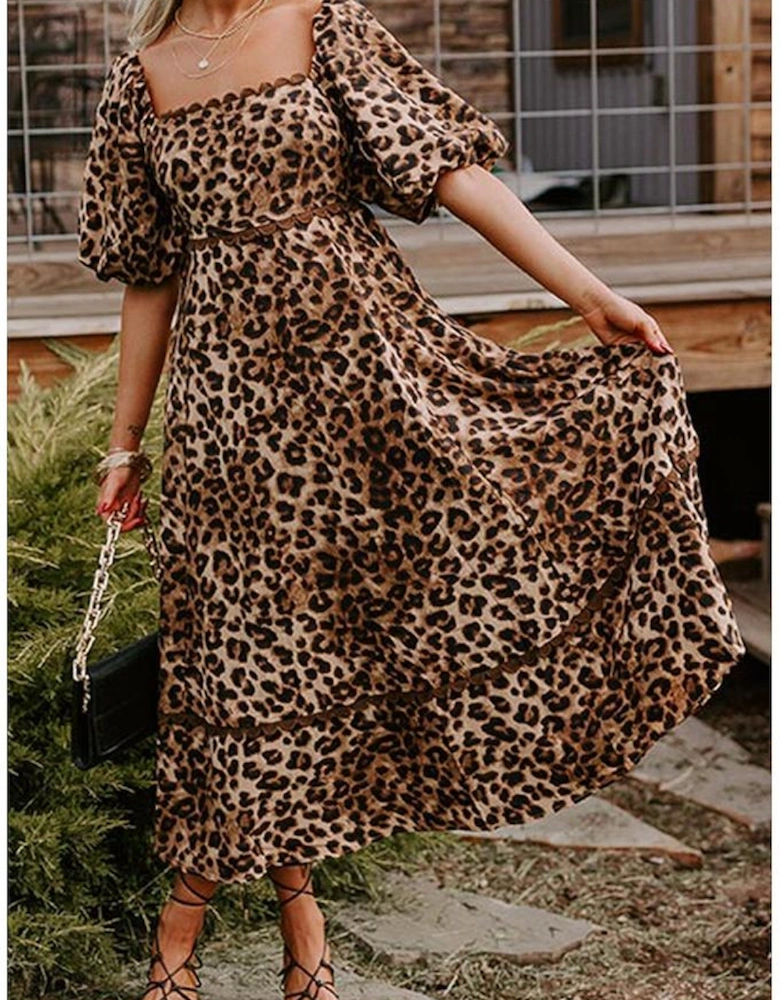 Brown Leopard Print Bubble Sleeve Square Neck Maxi Dress
