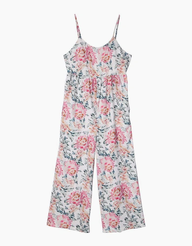 White Floral Spaghetti Straps Wide Leg Jumpsuit