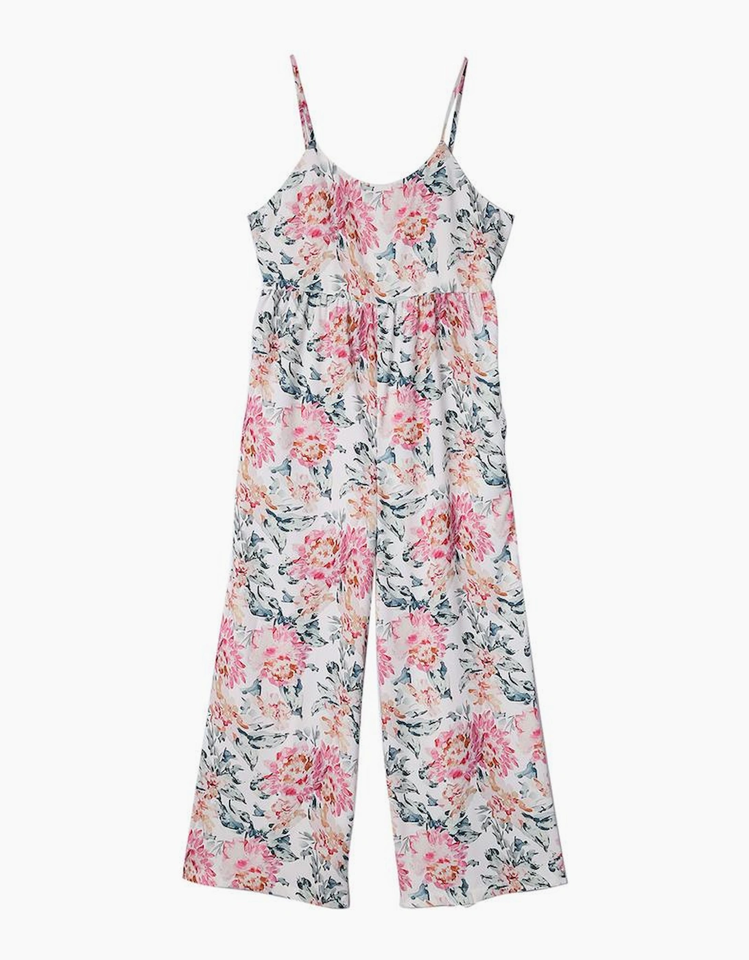White Floral Spaghetti Straps Wide Leg Jumpsuit