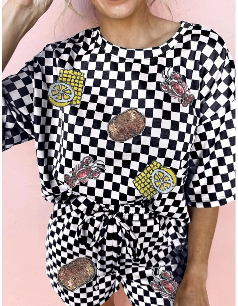 Black Sequined Crawfish Checkered Half Sleeve Top and Shorts Lounge Set