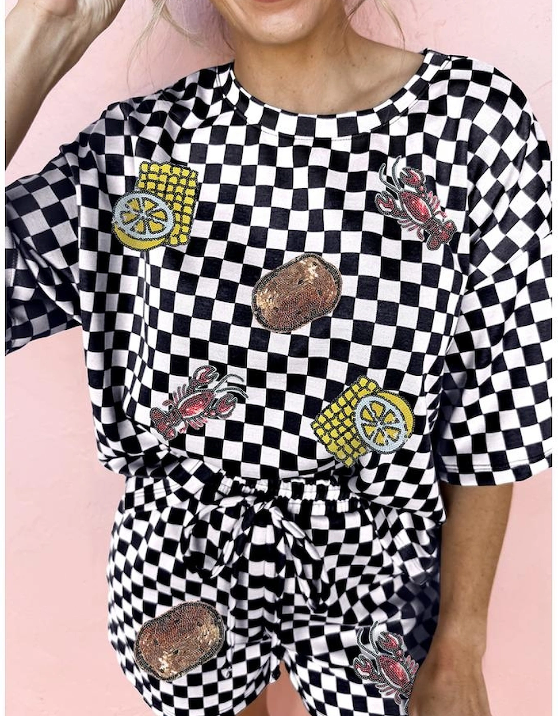 Black Sequined Crawfish Checkered Half Sleeve Top and Shorts Lounge Set