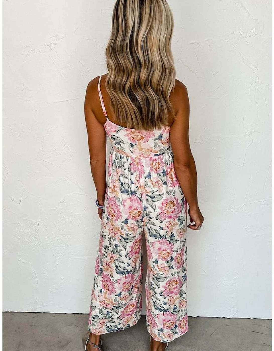White Floral Spaghetti Straps Wide Leg Jumpsuit