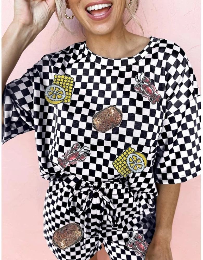 Black Sequined Crawfish Checkered Half Sleeve Top and Shorts Lounge Set
