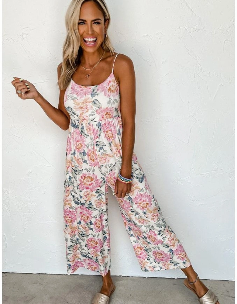 White Floral Spaghetti Straps Wide Leg Jumpsuit