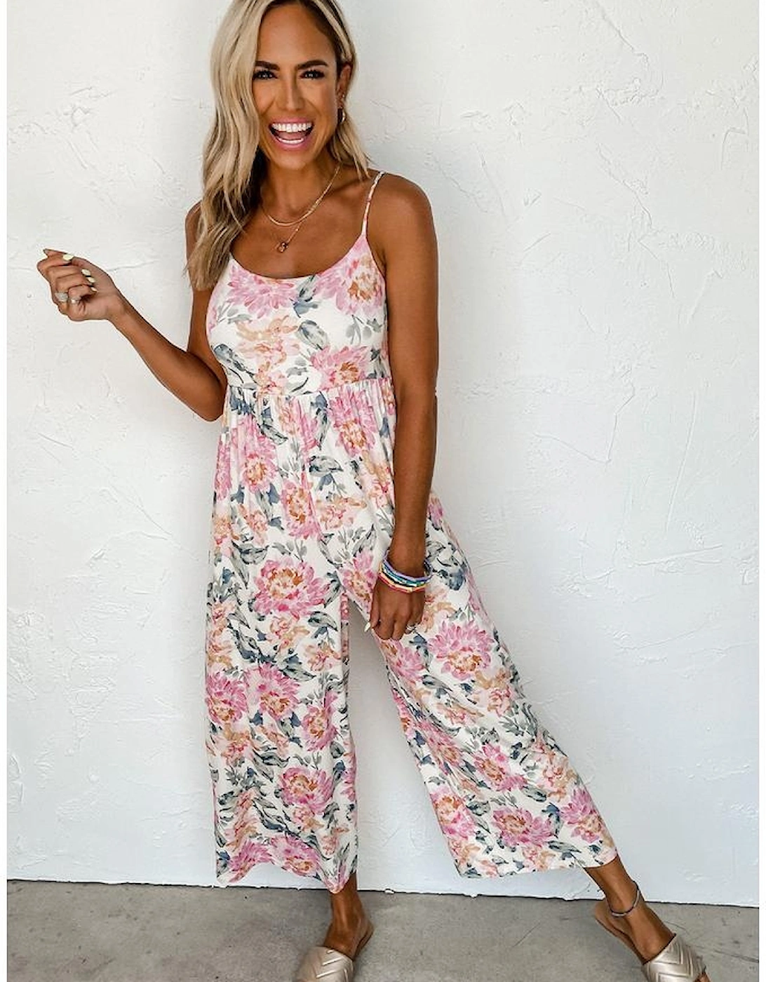 White Floral Spaghetti Straps Wide Leg Jumpsuit