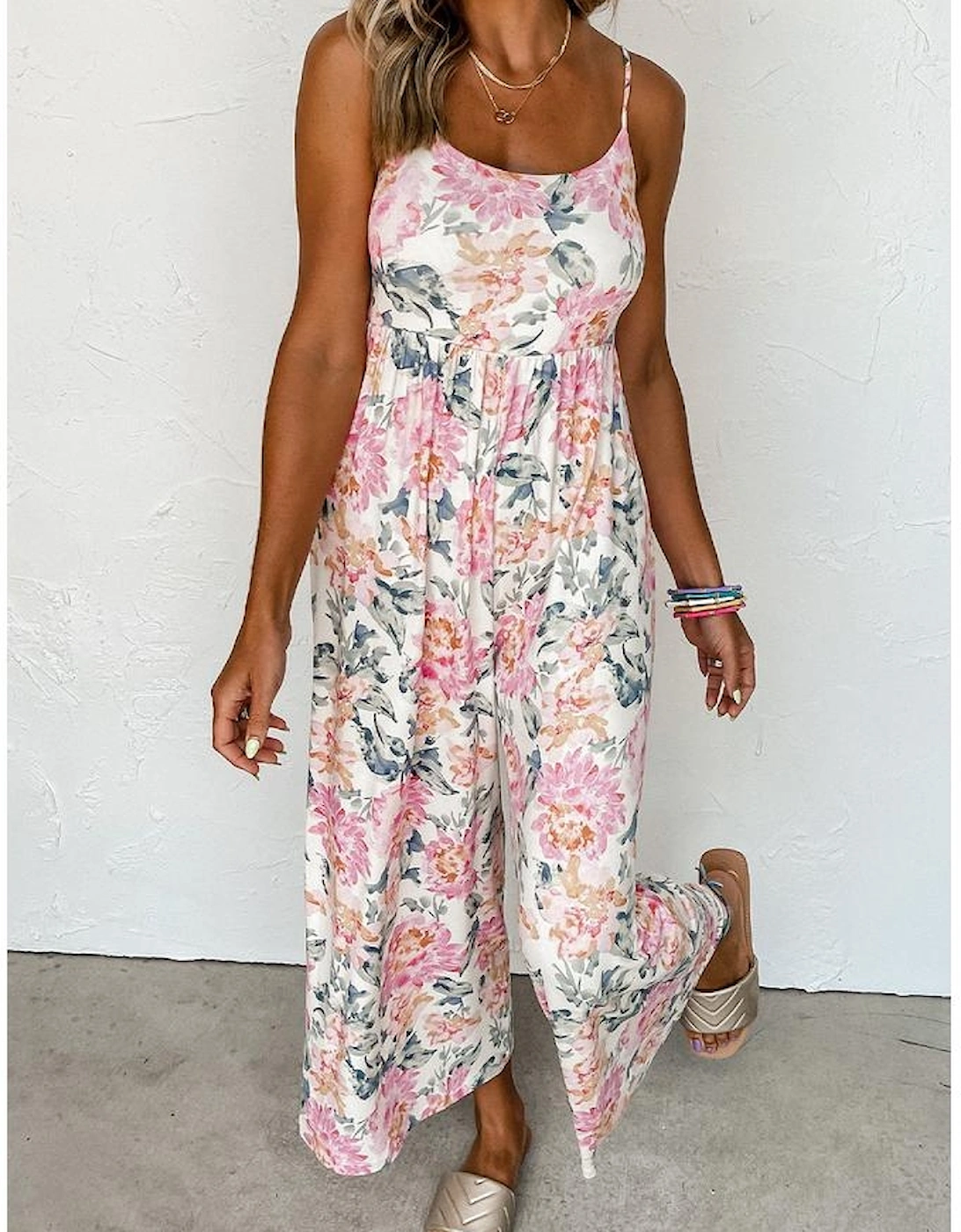 White Floral Spaghetti Straps Wide Leg Jumpsuit