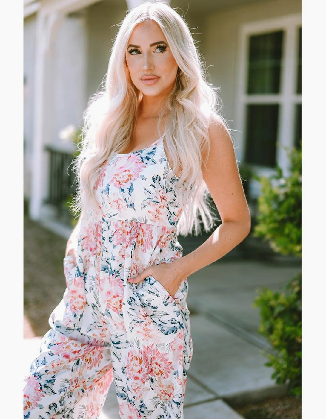 White Floral Spaghetti Straps Wide Leg Jumpsuit