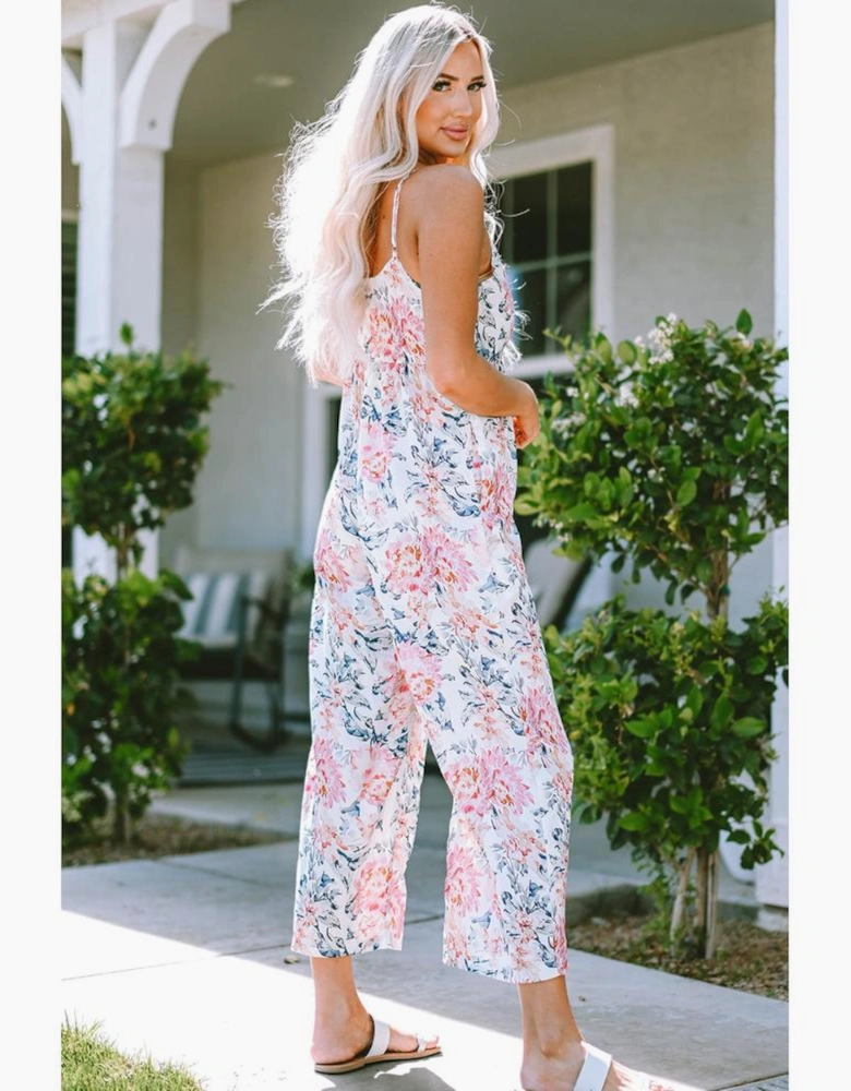 White Floral Spaghetti Straps Wide Leg Jumpsuit
