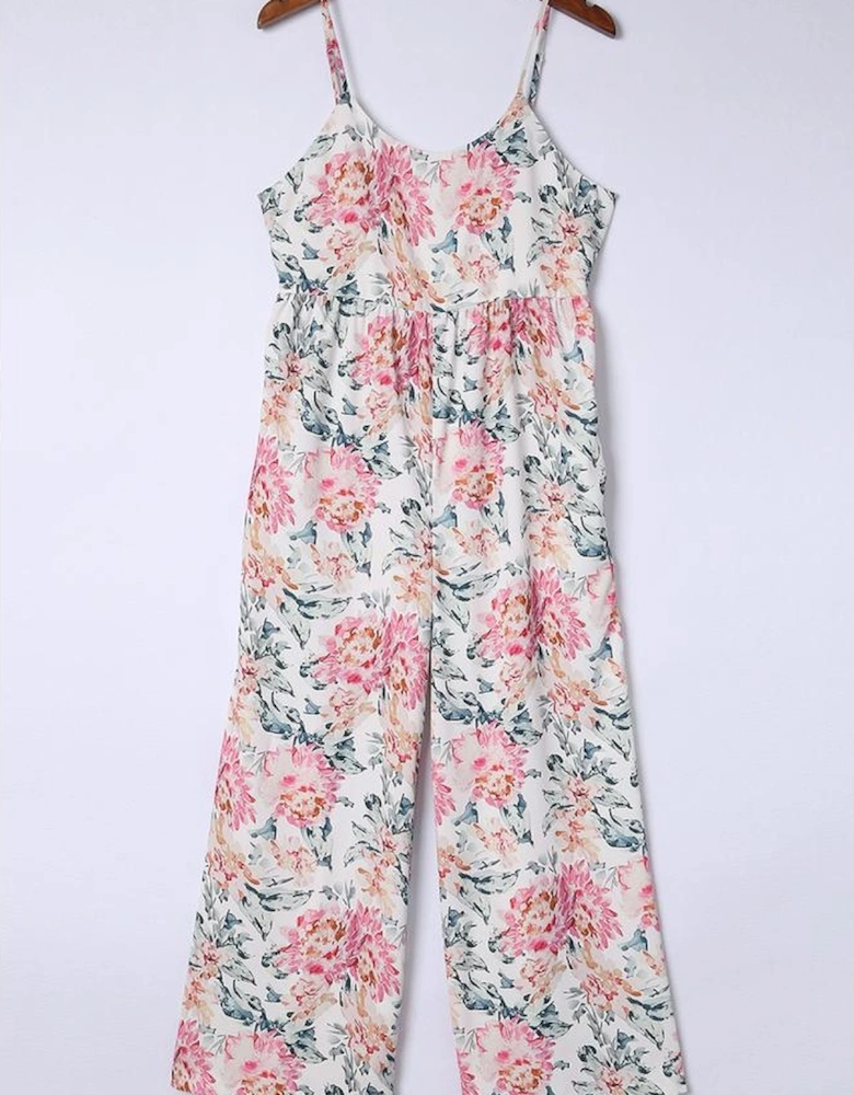 White Floral Spaghetti Straps Wide Leg Jumpsuit