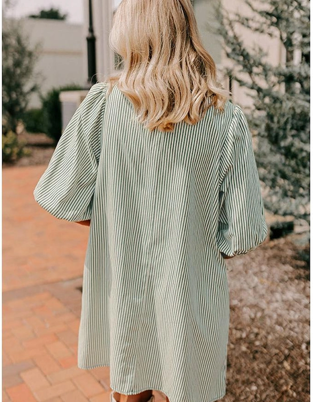Green Patch Pockets Button Down Short Puff Sleeve Dress