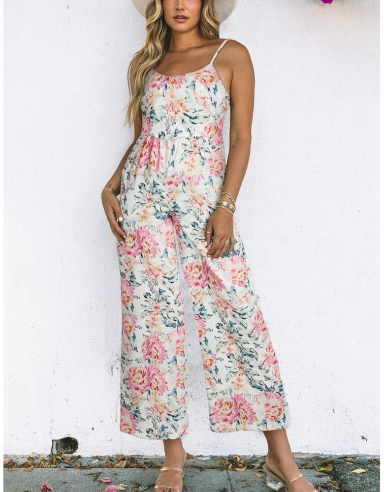 White Floral Spaghetti Straps Wide Leg Jumpsuit