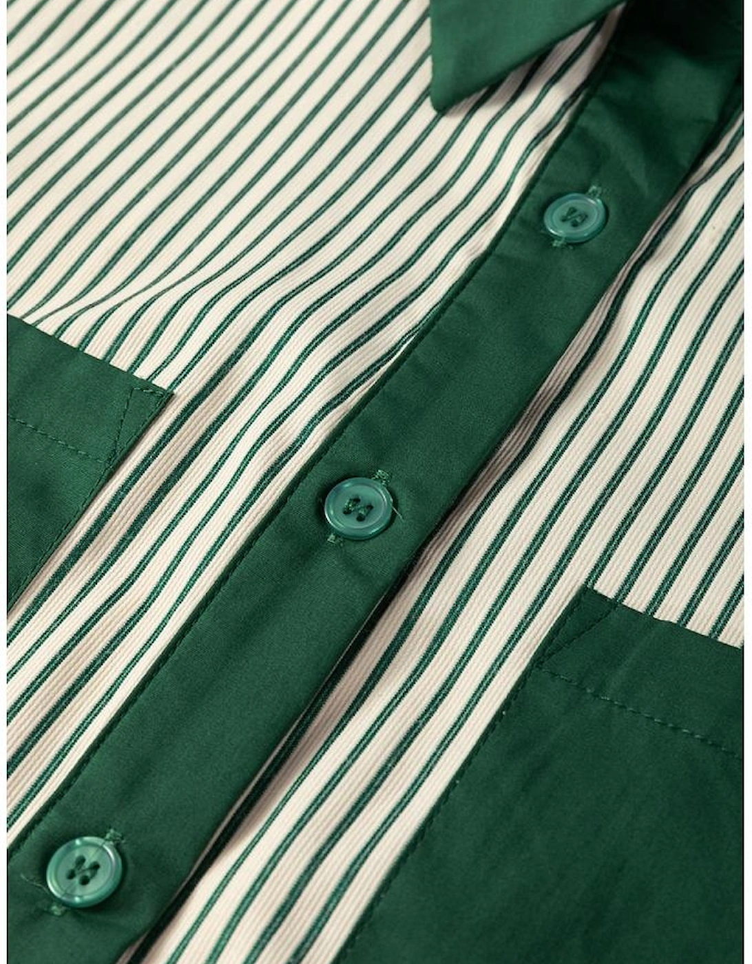 Green Patch Pockets Button Down Short Puff Sleeve Dress