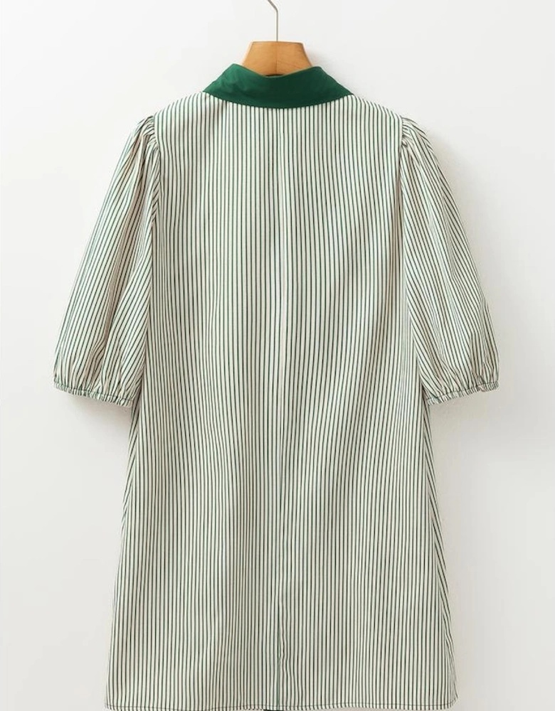 Green Patch Pockets Button Down Short Puff Sleeve Dress