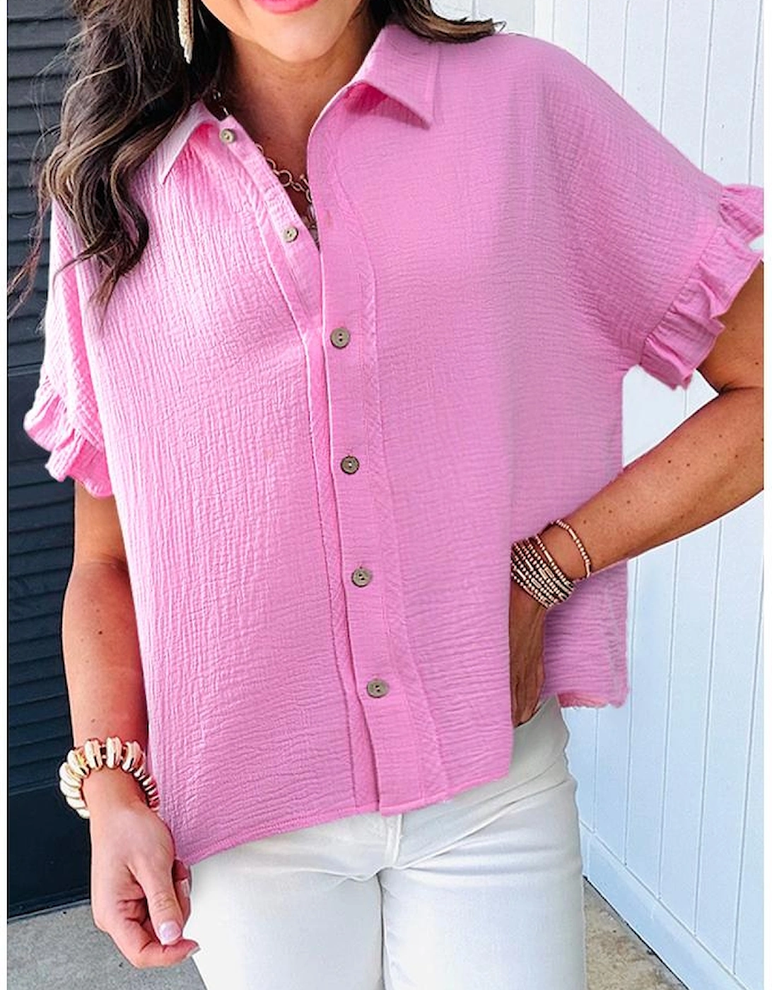 Bonbon Mineral Wash Textured Ruffle Trim Short Sleeve Shirt