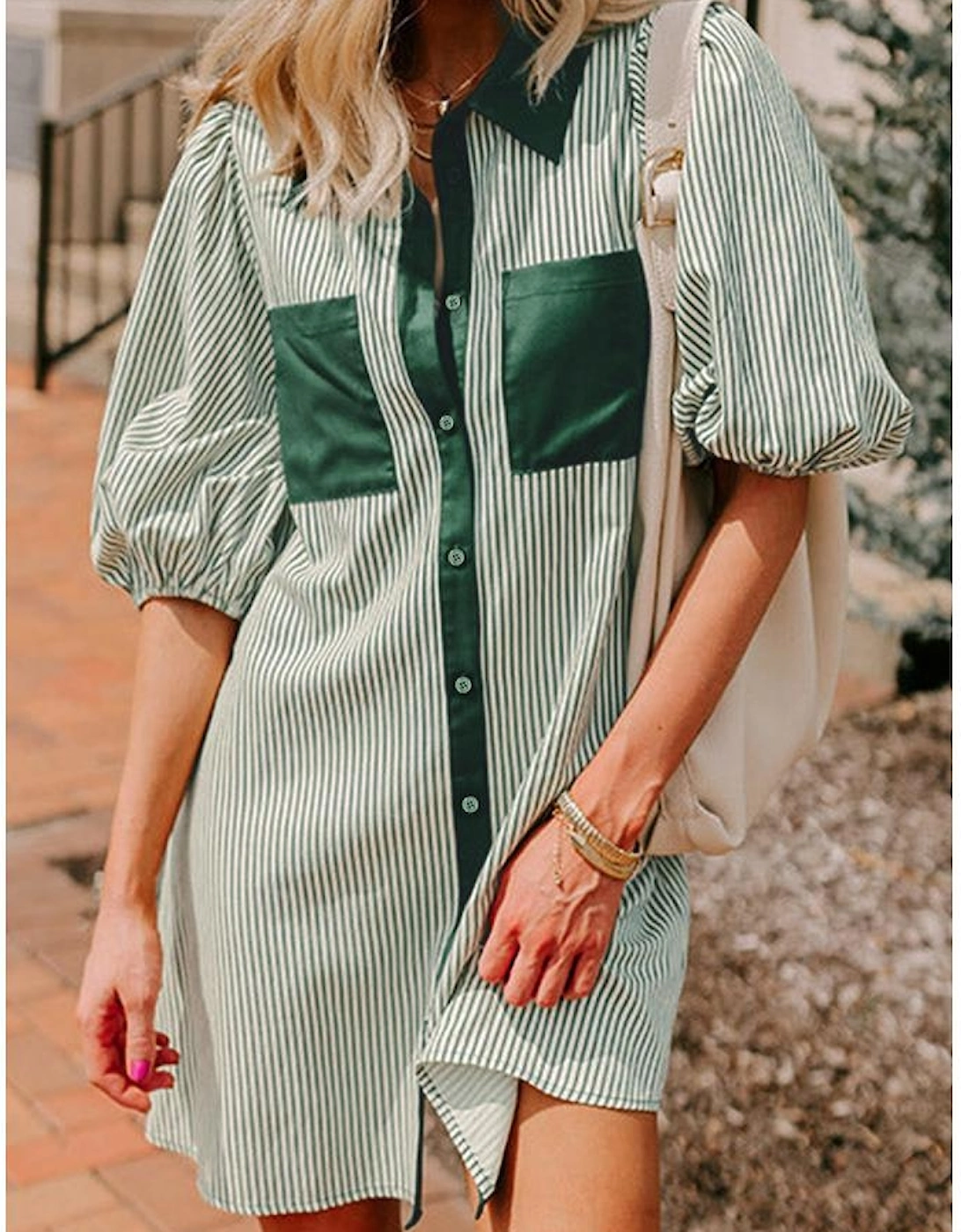 Green Patch Pockets Button Down Short Puff Sleeve Dress