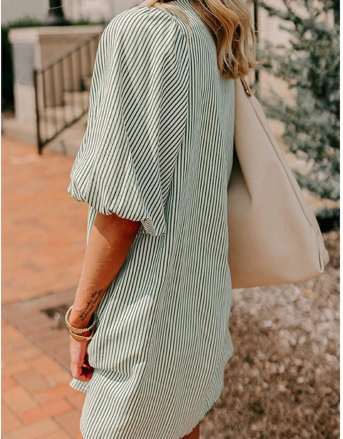 Green Patch Pockets Button Down Short Puff Sleeve Dress