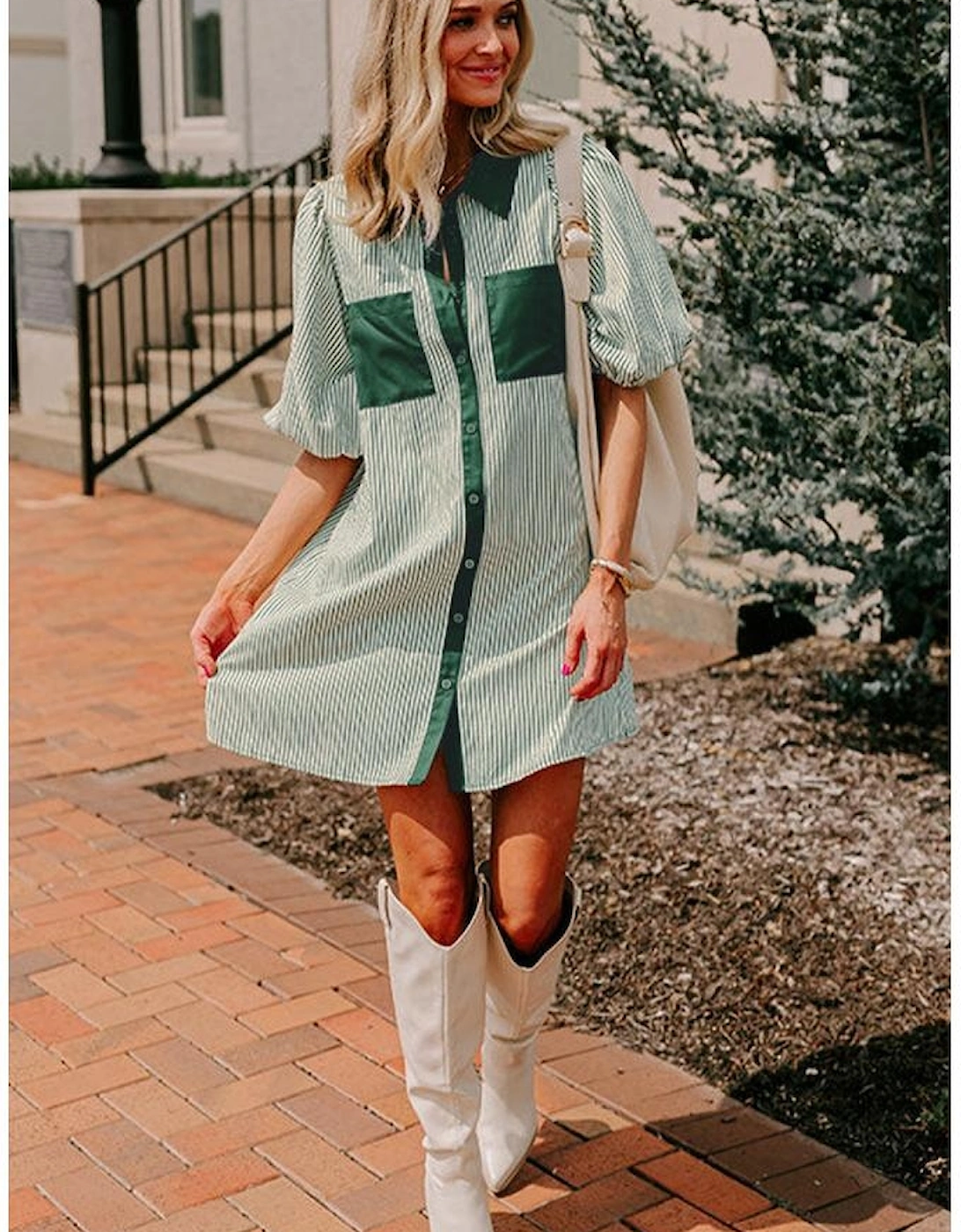 Green Patch Pockets Button Down Short Puff Sleeve Dress, 9 of 8