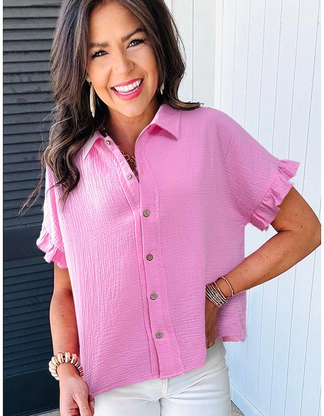 Bonbon Mineral Wash Textured Ruffle Trim Short Sleeve Shirt