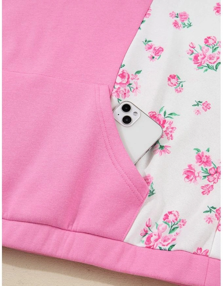 Pink Plus Size Contrast Polo Collar Floral Patchwork Elastic Cuffs Long Sleeve Top