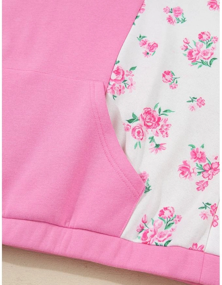 Pink Plus Size Contrast Polo Collar Floral Patchwork Elastic Cuffs Long Sleeve Top