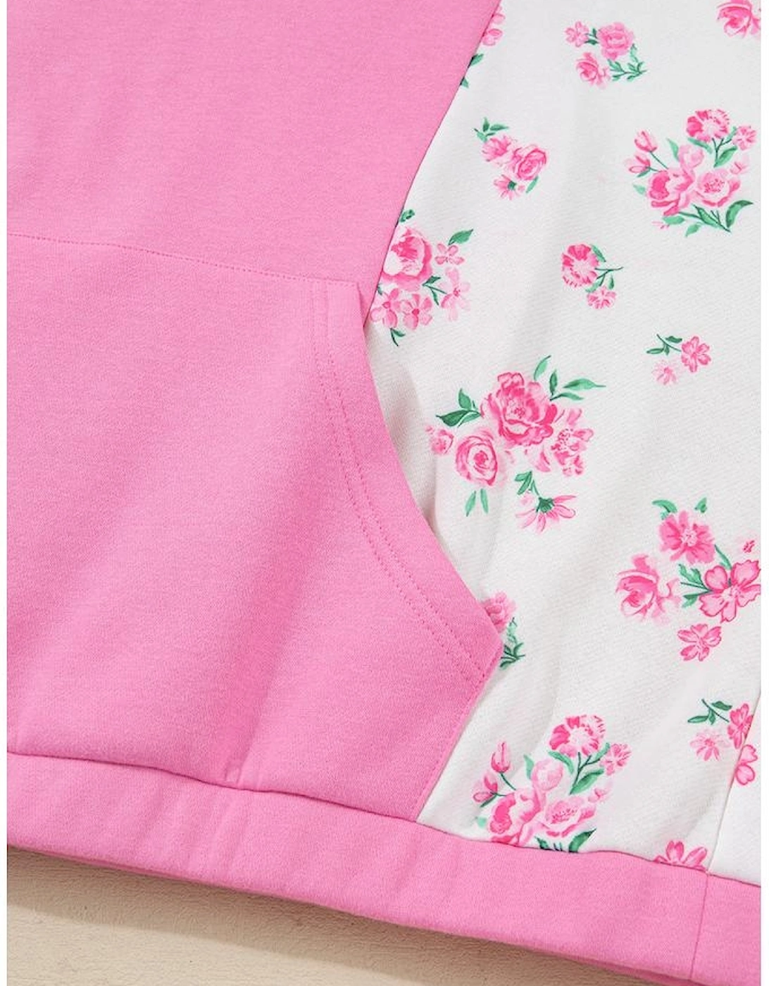 Pink Plus Size Contrast Polo Collar Floral Patchwork Elastic Cuffs Long Sleeve Top