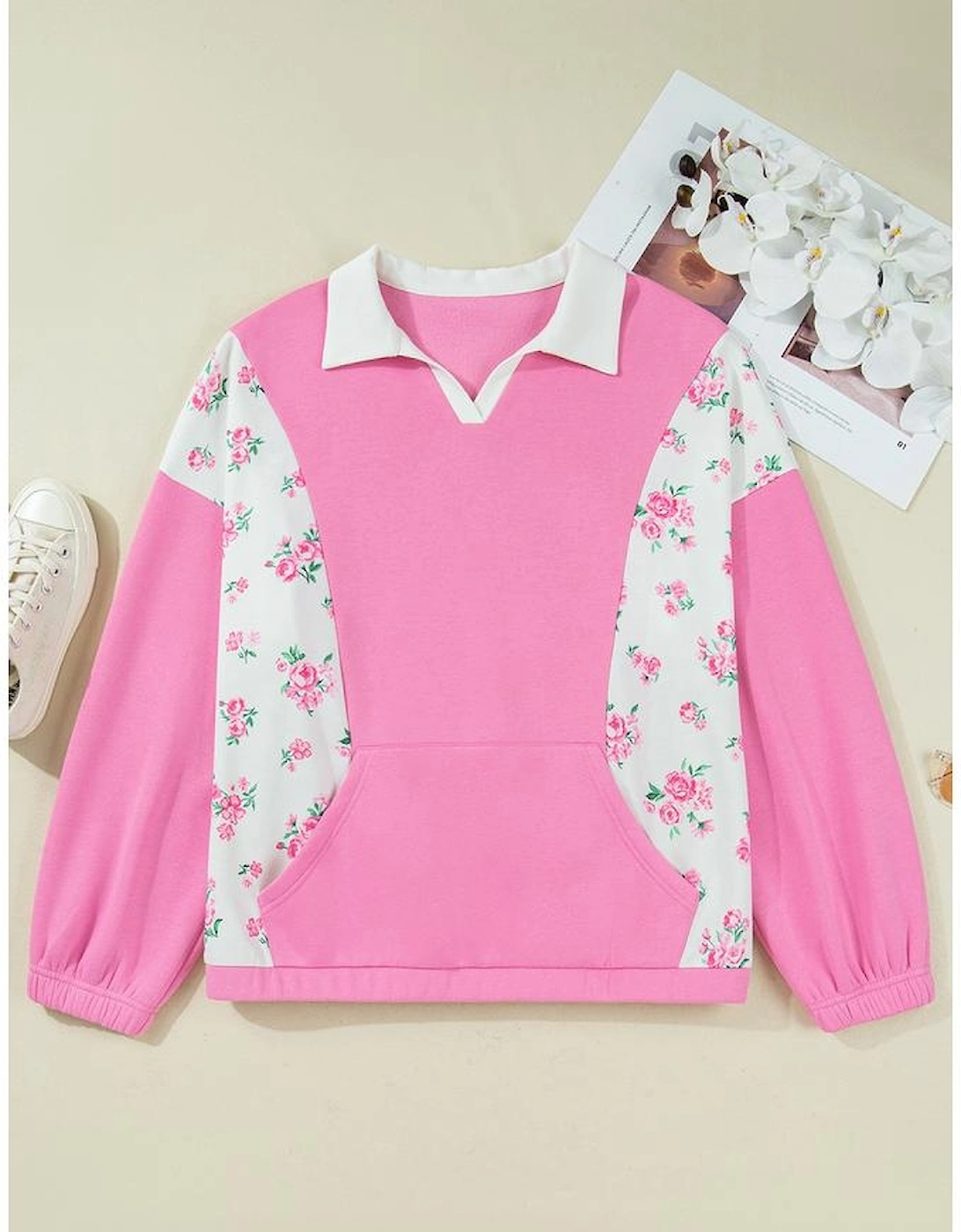Pink Plus Size Contrast Polo Collar Floral Patchwork Elastic Cuffs Long Sleeve Top