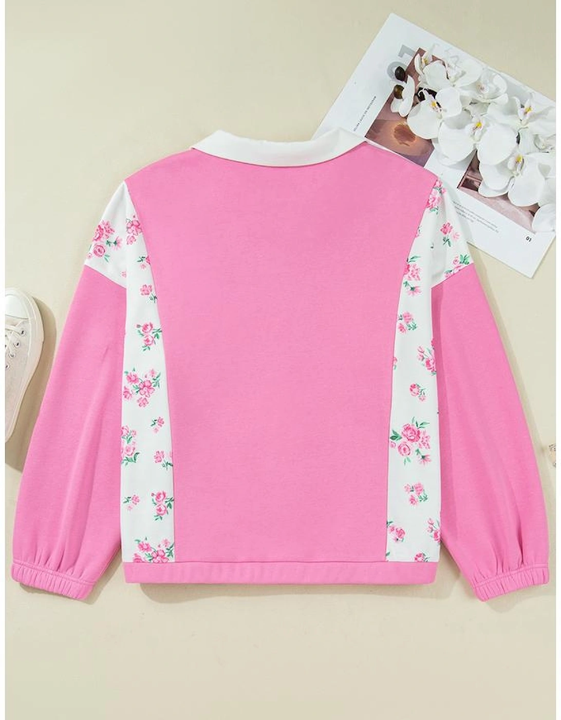 Pink Plus Size Contrast Polo Collar Floral Patchwork Elastic Cuffs Long Sleeve Top